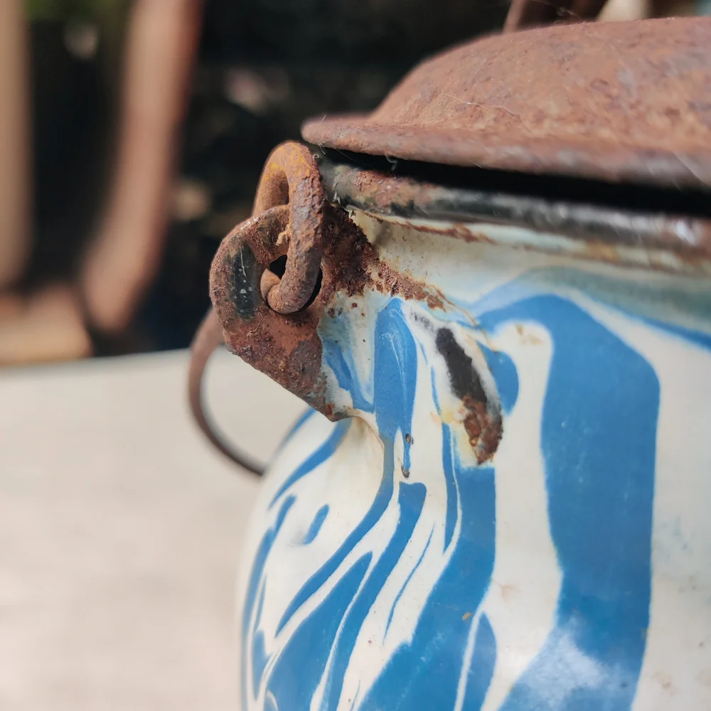 Antique Graniteware Milk Canister Pail Blue White Swirl Metal Lid Wire Handle